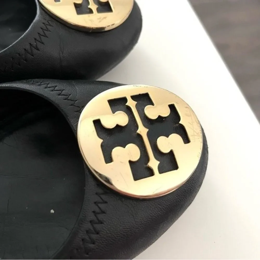 Tory Burch Black Reva Ballet Flat with Gold Emblem, Size 7